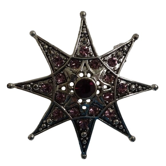 Vintage Starburst Star Brooch Pin With Purple Rhinestone Stones Silver Tone - Picture 3 of 7